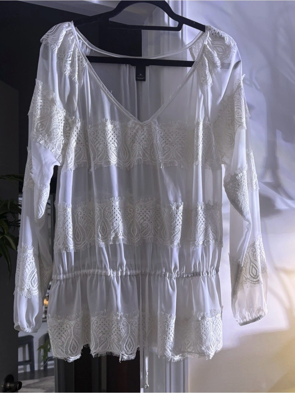 NWOT WHBM Ivory Crochet-lace Trim Peasant Tunic V Neck Sz M Feminine Draw-String